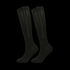 Pair of black knee-high socks with zippers on a white background