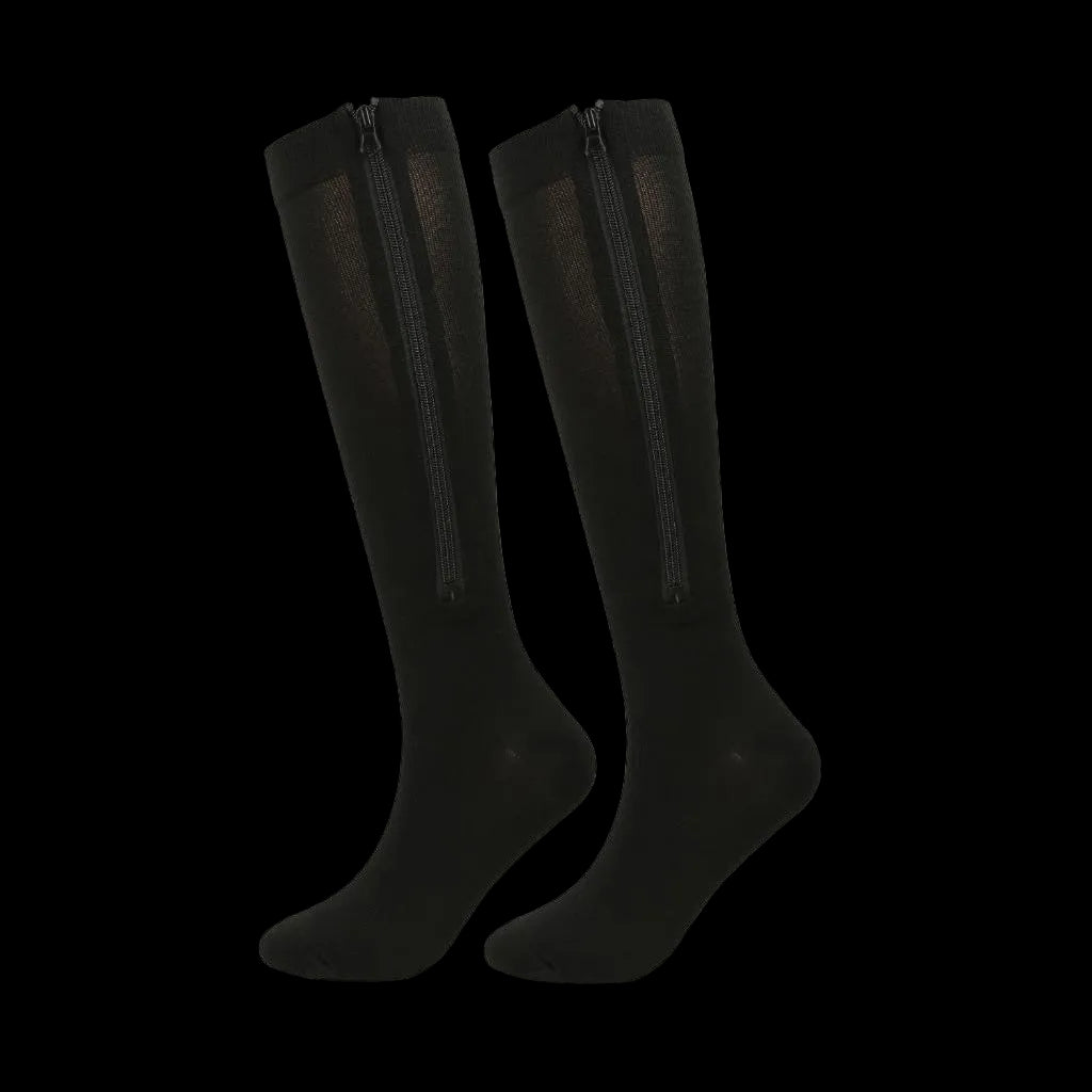 Pair of black knee-high socks with zippers on a white background