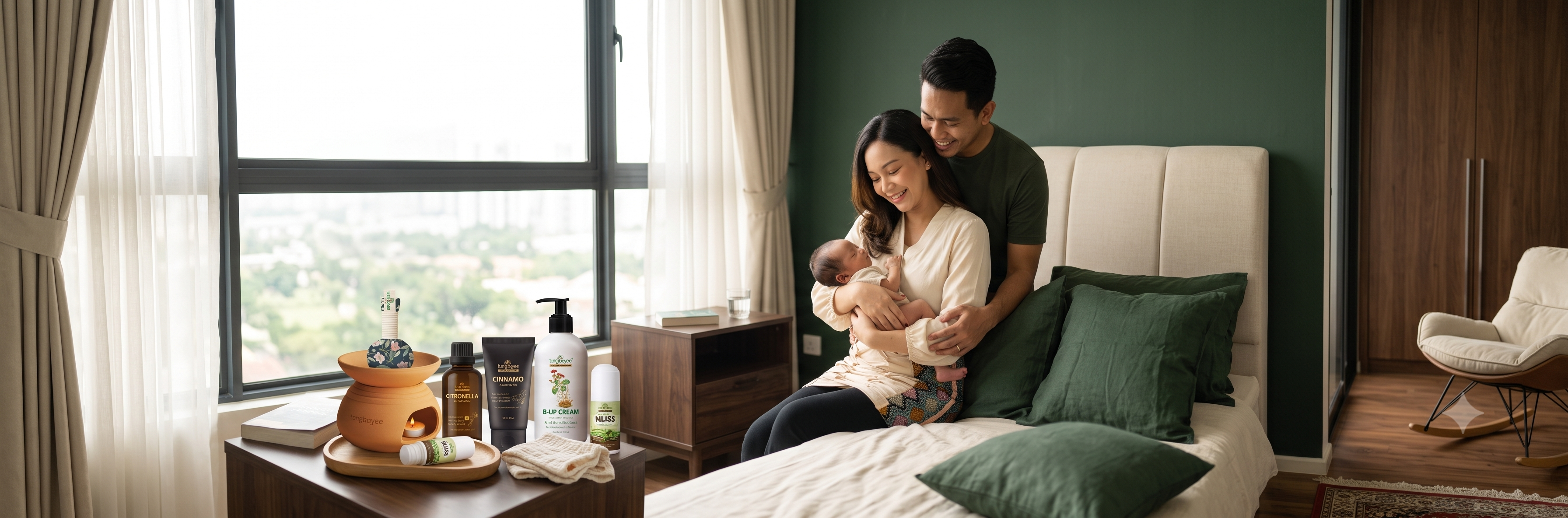 A couple and a baby sit together on a bed in a modern bedroom, with skincare products displayed on a bedside table. The room features a dark green accent wall, a large window with sheer curtains, and a contemporary chair.